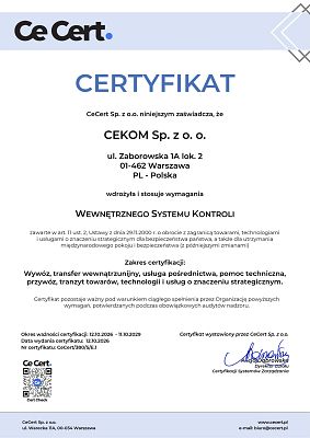 Certyfikat wdrożenia i stosowania Wewnętrznego Systemu Kontroli (WSK)